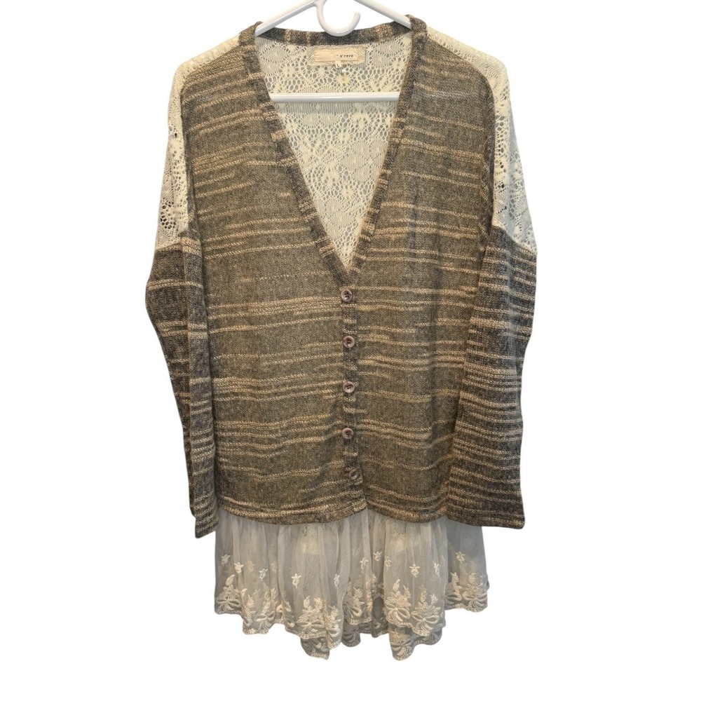 A'reve Anthropologie Womens Lace Back Knit Cardigan Tulle Ruffle Hem Top Large